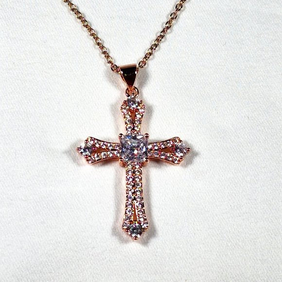 Cubic Zirconia Cross Pendant in 14K Rose Gold over 316L Stainless Steel 2.65 ct - Picture 1 of 5